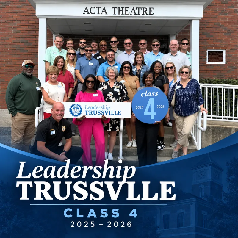 Leadership Trussville Class 4, 2025 to 2026, group photo on the steps of a brick theatre building