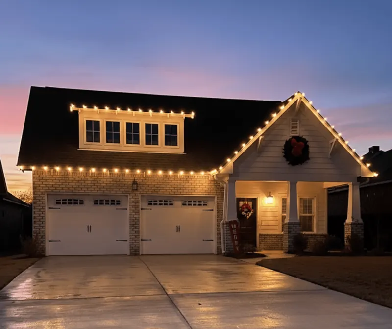 Warm roofline Christmas lights installed on a home at dusk in Trussville, AL